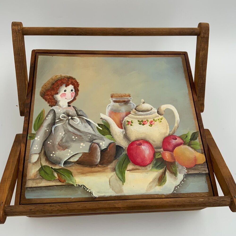 Handmade Vtg Folk Art Wood Sewing Box Carrying Case Hand Painted Cover